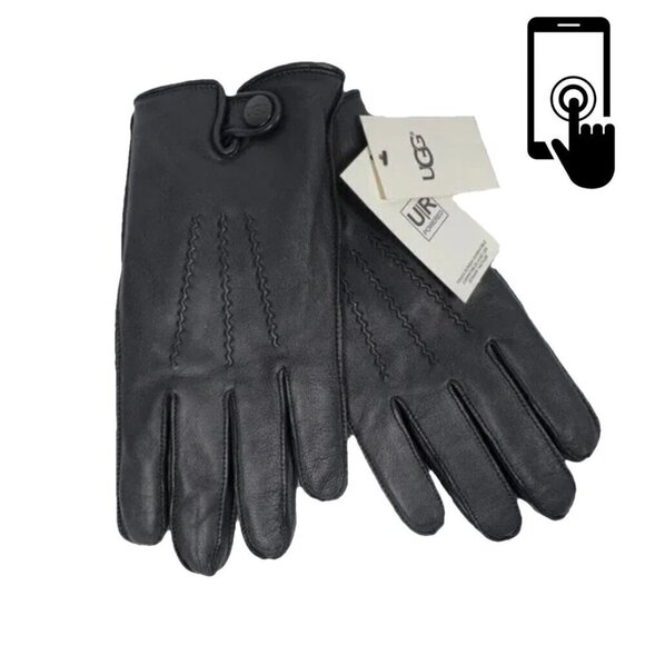 UGG Mens Black Leather Fur Touchscreen Tech Gloves M - Picture 1 of 8